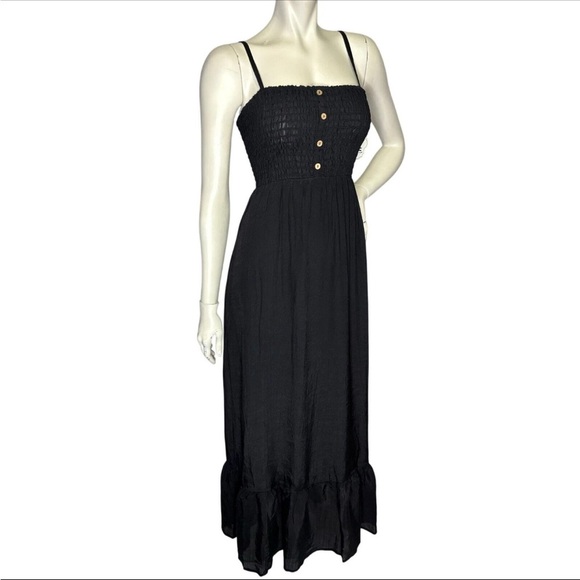 AUW SMOCKED BODICE BLACK FLARE HEM MAXI DRESS BOHO CHIC LARGE - Picture 2 of 15